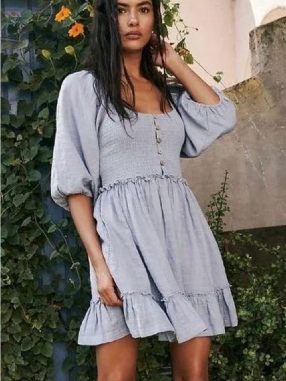 Free People Light Gray Puff-Sleeve Smocked Mini Dress